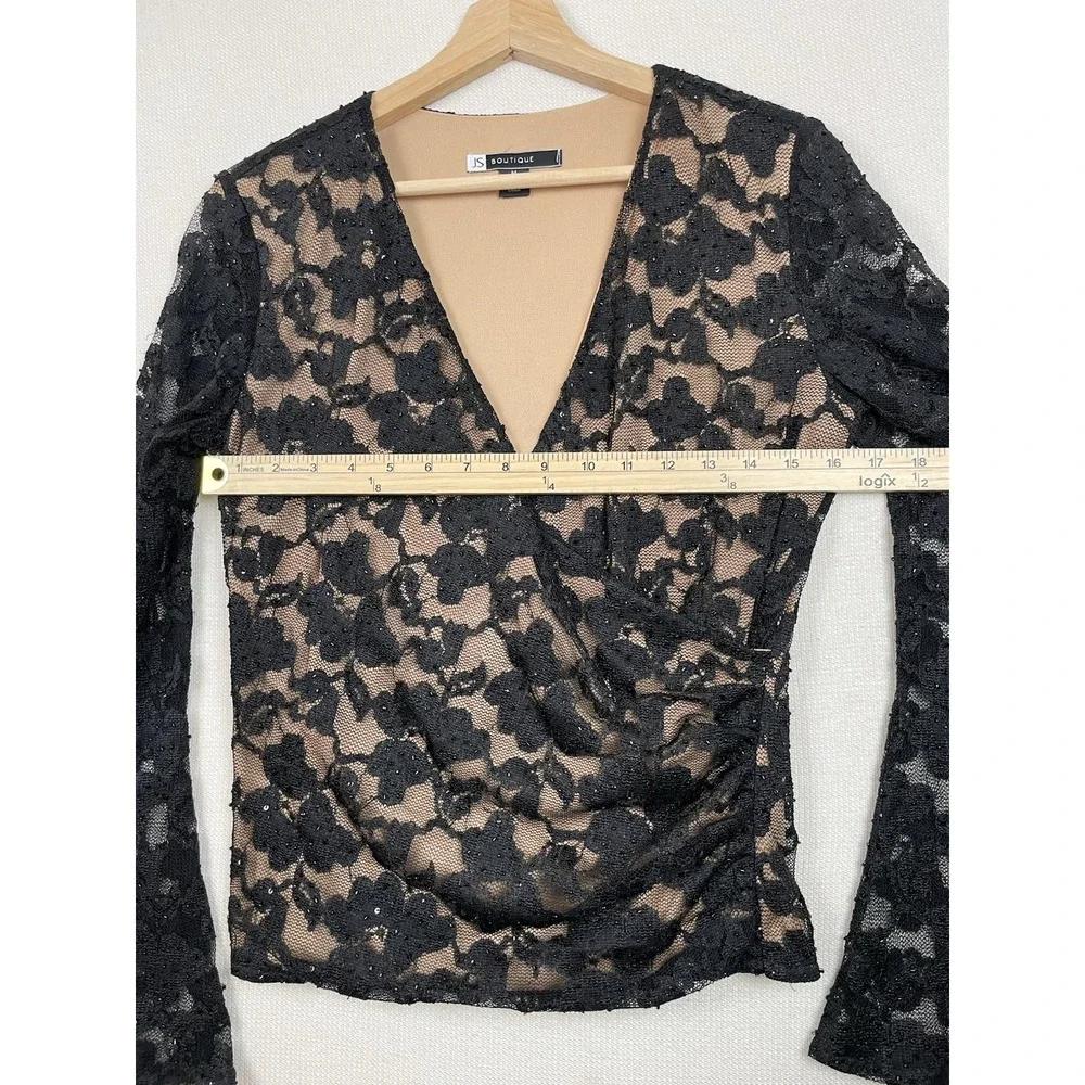 JS BOUTIQUE Lace Overlay Blouse M Sequins Faux-Wrap Mesh Top Evening Romantic - Picture 5 of 14